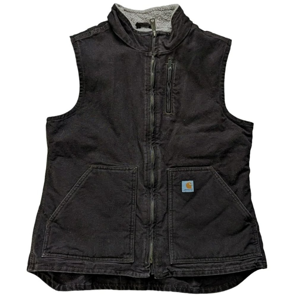 Carhartt Mock Neck Brown Sherpa Lined Canvas Vest Full Zip Size Medium